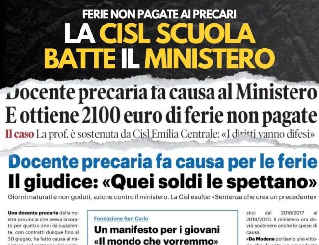 FERIE NON PAGATE AI PRECARI: LA CISL SCUOLA BATTE IL MINISTERO